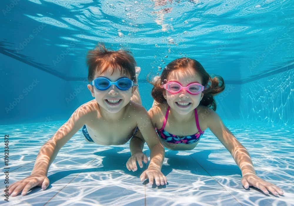 Naklejka premium Happy children swimming underwater in a clear blue swimming pool