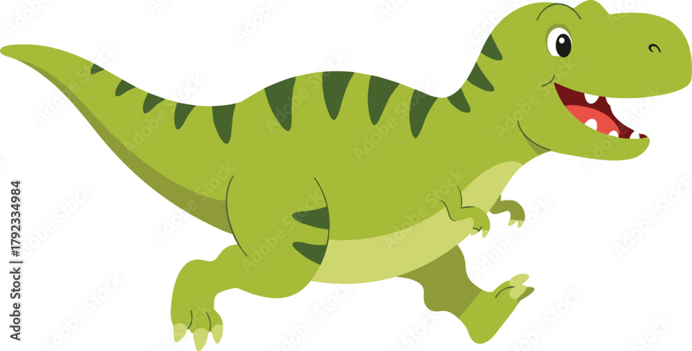 Obraz premium Cute cartoon green dinosaur illustration, playful Tyrannosaurus rex character, friendly prehistoric animal design for children’s books, education, fun graphics
