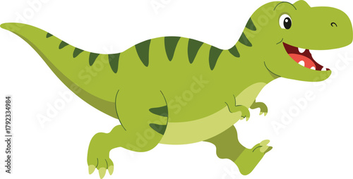 Cute cartoon green dinosaur illustration, playful Tyrannosaurus rex character, friendly prehistoric animal design for children’s books, education, fun graphics