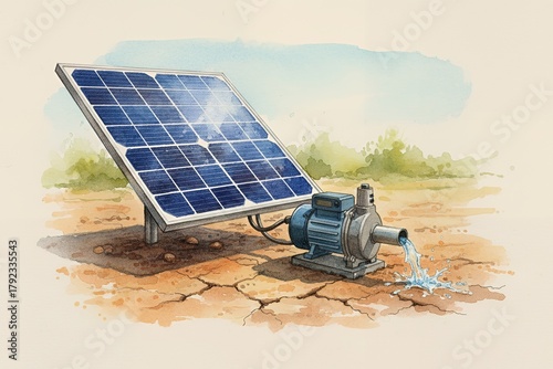 Solar panel and water pump on cracked soil in desert environment solar powered water pump