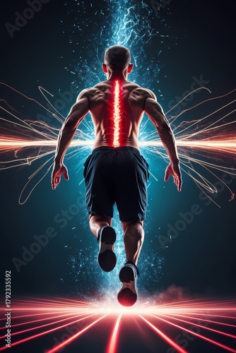 Vertical image of a human figure mid-jump from a burpee broad jump glowing red zone on the lower back motion trails showing explosive movement dark background with high contrast lighting abstract ener