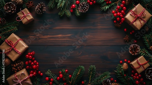 Cozy christmas frame with fir branches, berries, and gift boxes on dark wood background
