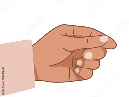 Man hand showing a gesture indicating small size or asking for money. Empty space between thumb and fingers for creative design.