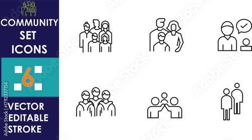 Minimalist community icon set showing people together, teamwork, leadership, and cooperation concepts. Simple line vector style, editable stroke, perfect for social, business, and community design 