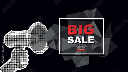 Trendy Halftone Collage with hand holding megaphone Big sale drawn in one line. Template for banner, poster, social media and ads. Vector illustration. Contemporary art. Vector	