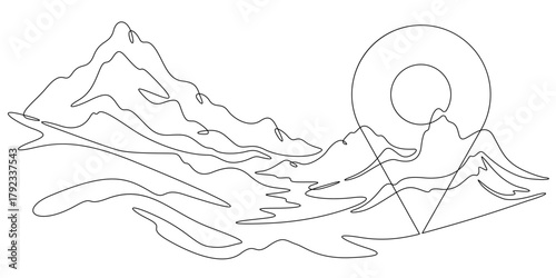 Continuous single line drawing Mountain landscape pin map. Geolocation in nature. Pin map. Linear . One continuous line isolated minimalist illustration. Not AI.