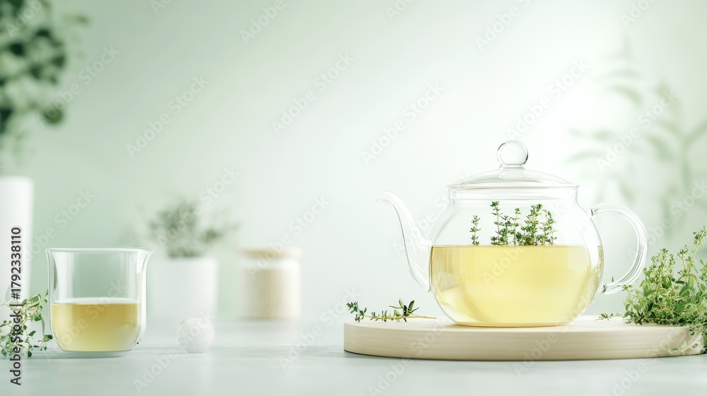 Fototapeta premium 25.Yellow Herbal Tea with Thyme in Glass Teapot