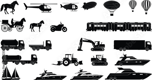 Transportation silhouette icons, vehicles illustration, horse carriage, helicopter, blimp, hot air balloon, yacht, sailboat, tractor, excavator, truck vector art