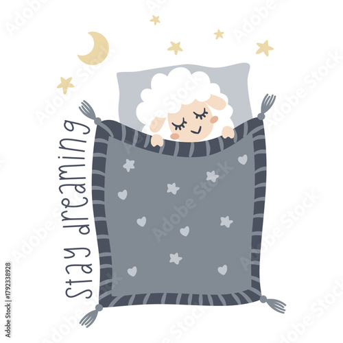 A cute sheep sleeps under a blanket on a pillow, with stars and the moon nearby and the inscription stay dreaming. Flat vector illustration. . Vector illustration