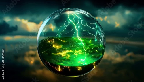 Enchanted sphere, vibrant and powerful, encapsulating a storm-ridden landscape with lightning, dark background