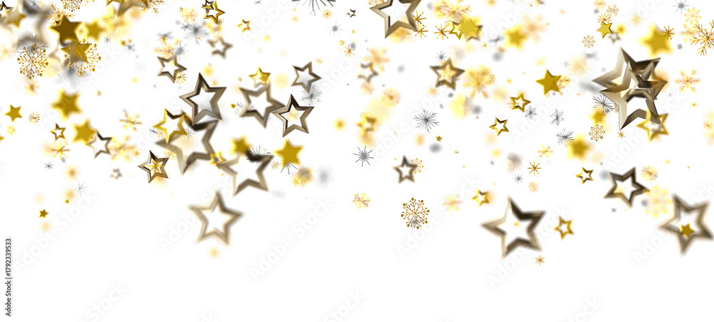 Obraz premium Elegant golden star and snowflake confetti on a white background. Perfect for festive designs, New Year's, Christmas, and celebratory visuals. I