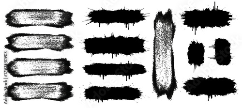 Versatile collection of black grunge brush strokes, spray paint splatters, and distressed ink banner shapes for modern design.