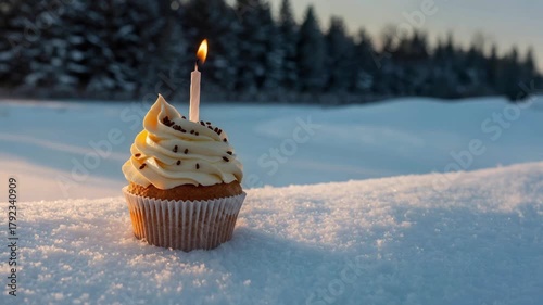 Festive cupcake with a lit candle in a snowy winter wonderland. Perfect for holiday celebrations.	