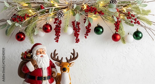 decorative christmas border with lights garland and coniferous branches isolated with santa and reindeer