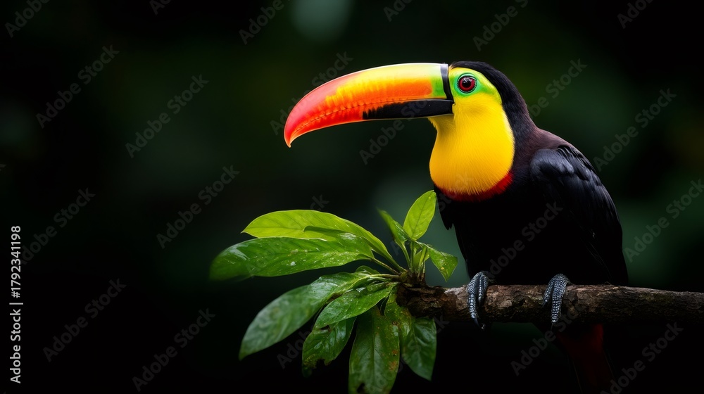 Naklejka premium Keel-billed toucan perching on branch in rainforest