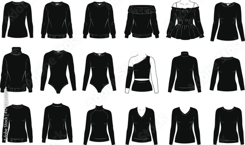 Women’s top silhouettes, fashion styles, neckline and sleeve variations, black vector icons, trendy clothing design set, apparel illustration