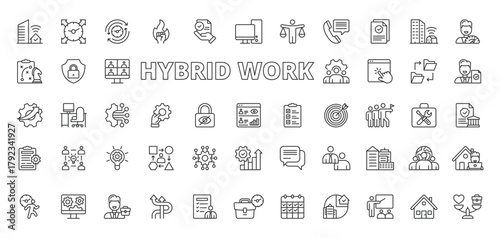 Hybrid work icons in line design. hybrid work, remote, office, communication, teamwork, video call, laptop on white background vector. Hybrid work editable stroke icons.