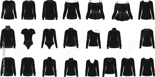 Women’s top silhouettes, fashion styles, neckline variations, sleeve types, black vector icons, clothing design set, wardrobe planning elements