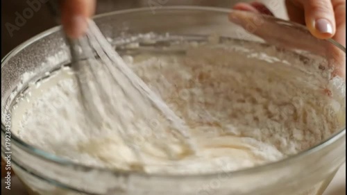 Adding flour to pancake batter and whisking in a glass bowl in slow motion