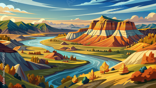 Very beautiful landscape of the Missouri Breaks National Monument along the Missouri River at Fort Benton, Montana, USA, in September, featuring rugged cliffs, winding river curves, autumnal vegetatio