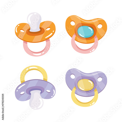 Baby pacifiers in various shapes and designs, perfect for infants.