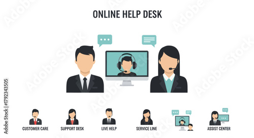 Online help desk illustration featuring customer service representatives and support staff.