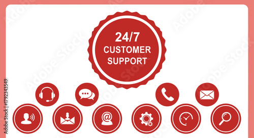 Illustration of a 24/7 customer support service with various contact icons in red circles.