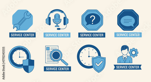 A collection of eight blue and white icons representing various aspects of a service center, including tools, communication, and time.