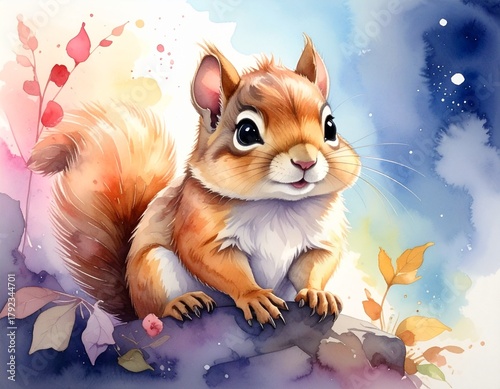 Watercolor illustration of a chipmunk with soft brush strokes and colorful splashes