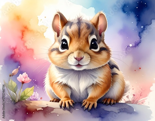 Watercolor illustration of a chipmunk with soft brush strokes and colorful splashes