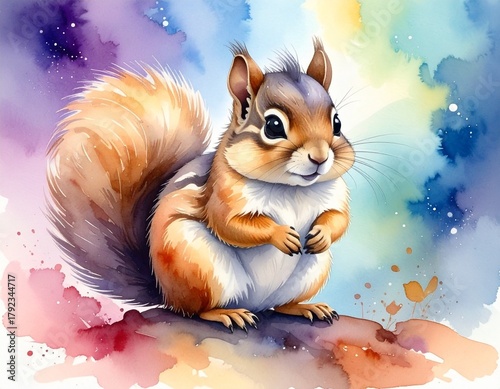 Watercolor illustration of a chipmunk with soft brush strokes and colorful splashes