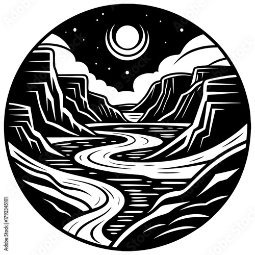 Stylized desert canyon river landscape under night sky moon
