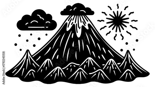 Volcano eruption landscape with sun and rain vector graphic art
