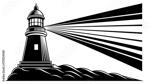 Beacon of light, classic lighthouse illustration on rocky base