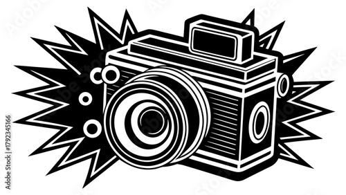 Vintage photography camera graphic icon with flash effect burst