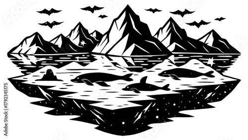 Monochromatic arctic wildlife illustration with seals and ice floes.