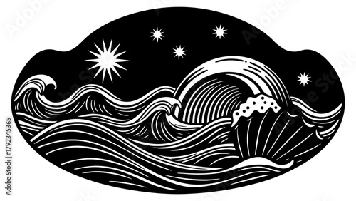 Ocean waves, sun, stars, and seashell in woodcut style illustration