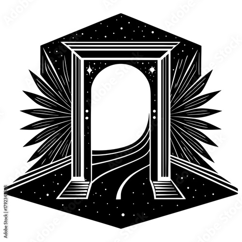 Stylized mystical cosmic archway portal with starry path graphic