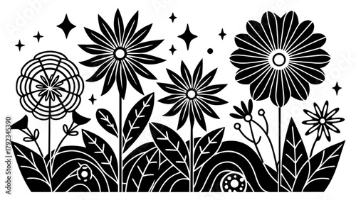 Stylized floral garden illustration with diverse flower types