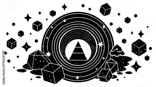 Abstract cosmic portal with geometric shapes and pyramid icon.