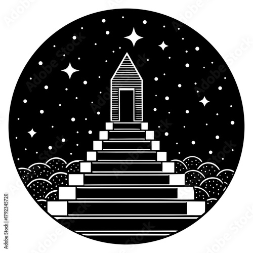 Abstract ascent to a house in a starry night sky illustration