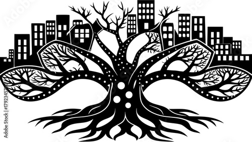 City skyline and tree roots branches creating an urban nature icon
