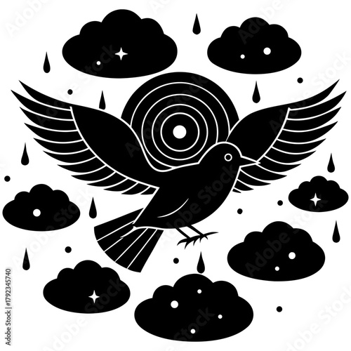 Stylized dove flying through rain with abstract circular symbol