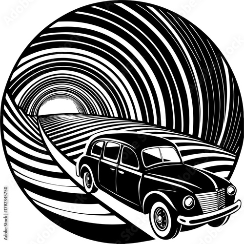 Vintage car driving through a swirling optical illusion tunnel