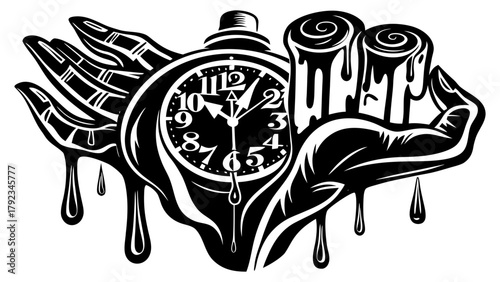 Stylized melting pocket watch in hands, time passing urgency