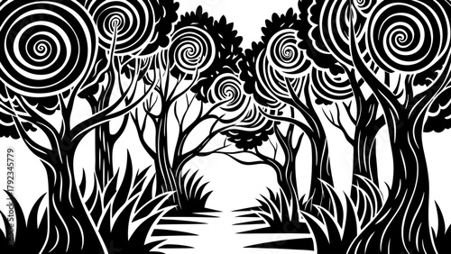 Stylized forest illustration with spiral trees and a winding path