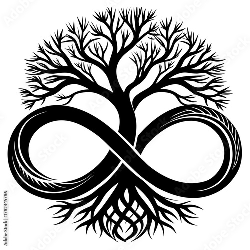 Stylized tree of life with infinity symbol roots and branches.