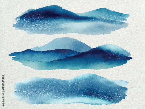 Watercolor vector winter mountains landscape set isolated on white background