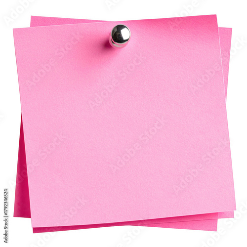 Blank pink sticky note with a silver thumbtack for reminders. Isolated on transparent background
