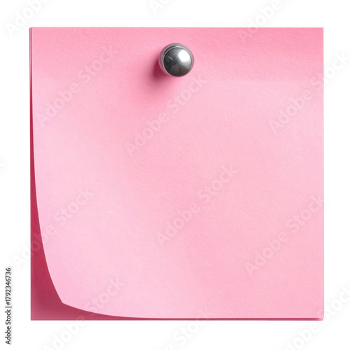 Blank pink sticky note with a silver thumbtack for reminders. Isolated on transparent background